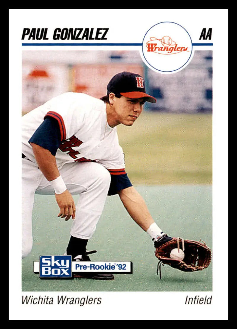 Baseball card of Paul Gonzalez Wichita Wranglers infielder in fielding stance