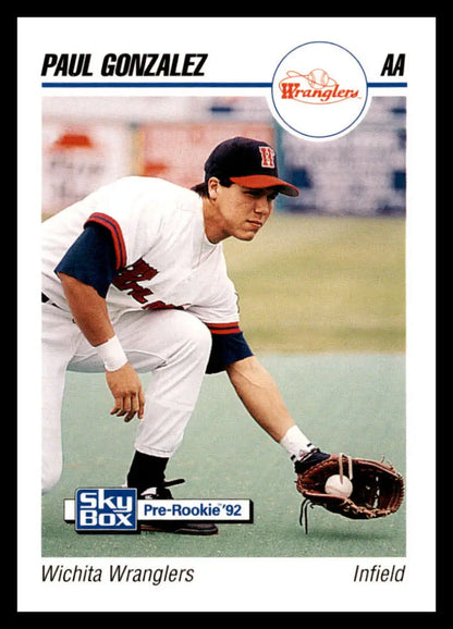 Baseball card of Paul Gonzalez Wichita Wranglers infielder in fielding stance