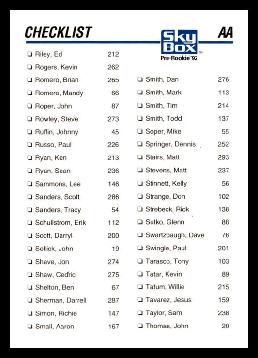 Checklist of names and numbers on 1992 Skybox AA #306 Checklist Alpha baseball card