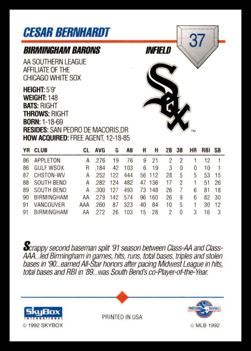 Cesar Bernhardt Birmingham Barons baseball card with Chicago White Sox statistics