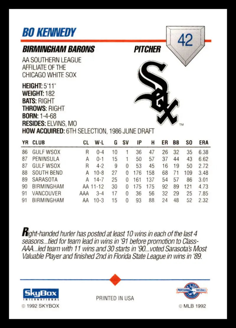 Baseball card of Bo Kennedy featuring stats for Birmingham Barons pitcher