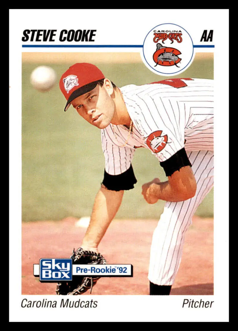 Steve Cooke Carolina Mudcats pitcher baseball card in white pinstriped uniform