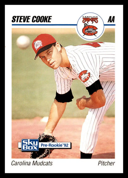 Steve Cooke Carolina Mudcats pitcher baseball card in white pinstriped uniform