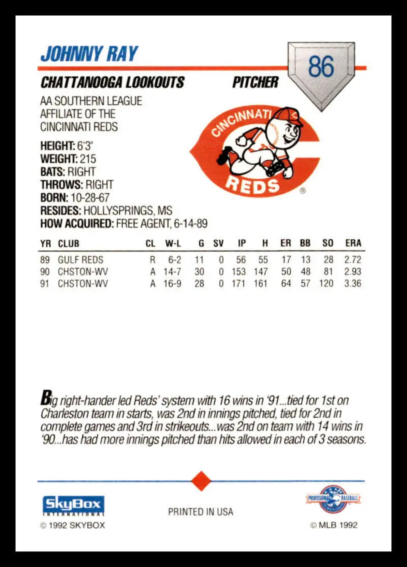 Johnny Ray Chattanooga Lookouts Baseball Card from the 1992 Skybox AA Series