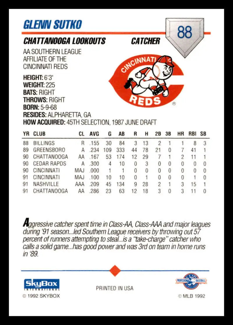 Baseball card of Glenn Sutko showcasing minor league stats for Chattanooga Lookouts