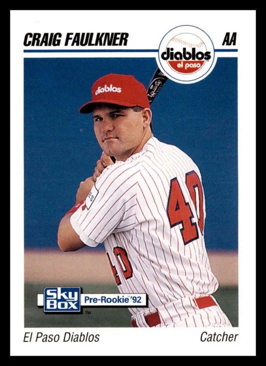 Baseball card of Craig Faulkner, El Paso Diablos catcher in white pinstripes and red cap