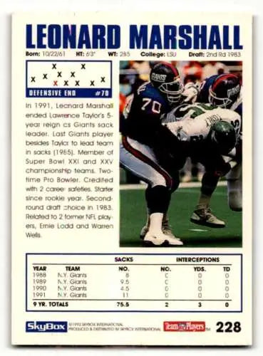 1992 SkyBox Impact #228 Leonard Marshall New York Giants Football Card with original gloss