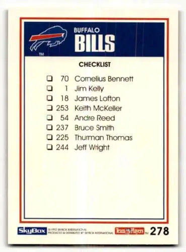 Buffalo Bills checklist card featuring Jim Kelly from 1992 SkyBox Impact original gloss