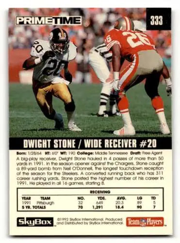 1992 SkyBox Primetime #333 Dwight Stone Pittsburgh Steelers Football card with original gloss