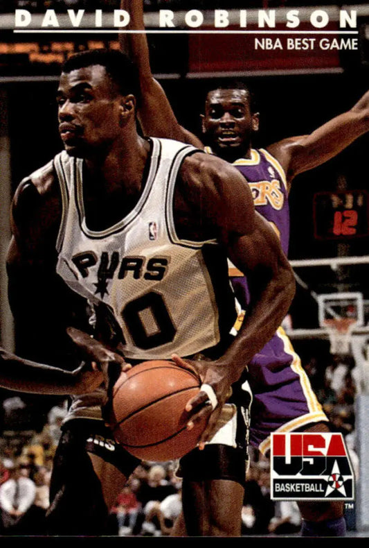 Basketball card of David Robinson in white jersey for USA Basketball, 1992 SkyBox