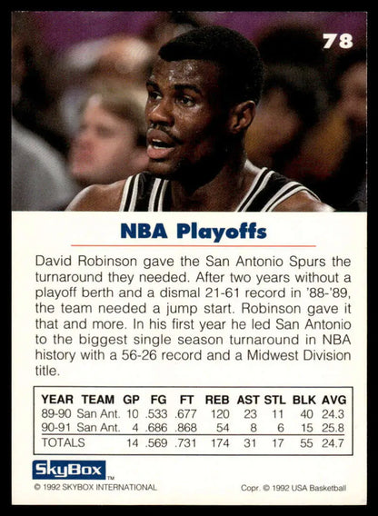 David Robinson basketball card featuring 1990 NBA playoffs performance statistics