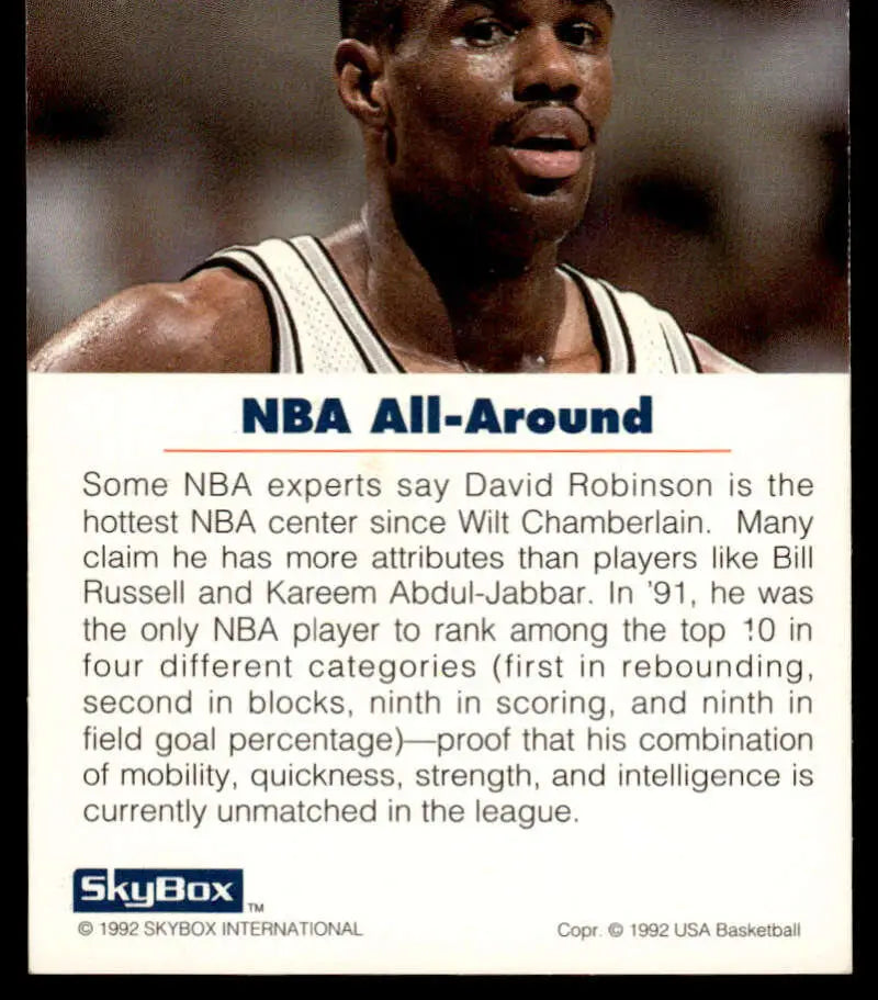 1992 SkyBox USA Basketball Card featuring David Robinson’s all-around statistics and abilities