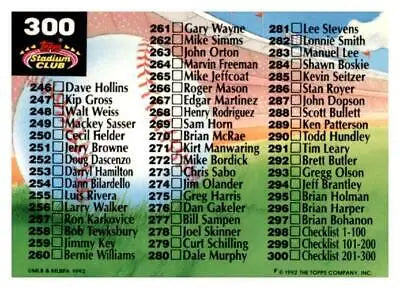 Baseball card checklist showcasing 1992 Stadium Club 300b checklist trading cards