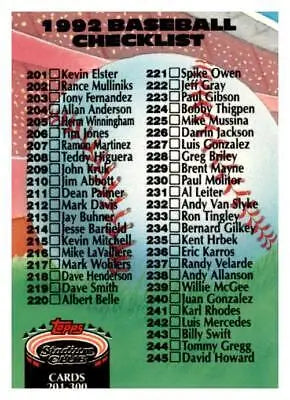 1992 Stadium Club 300b Checklist card featuring baseball trading cards from the set