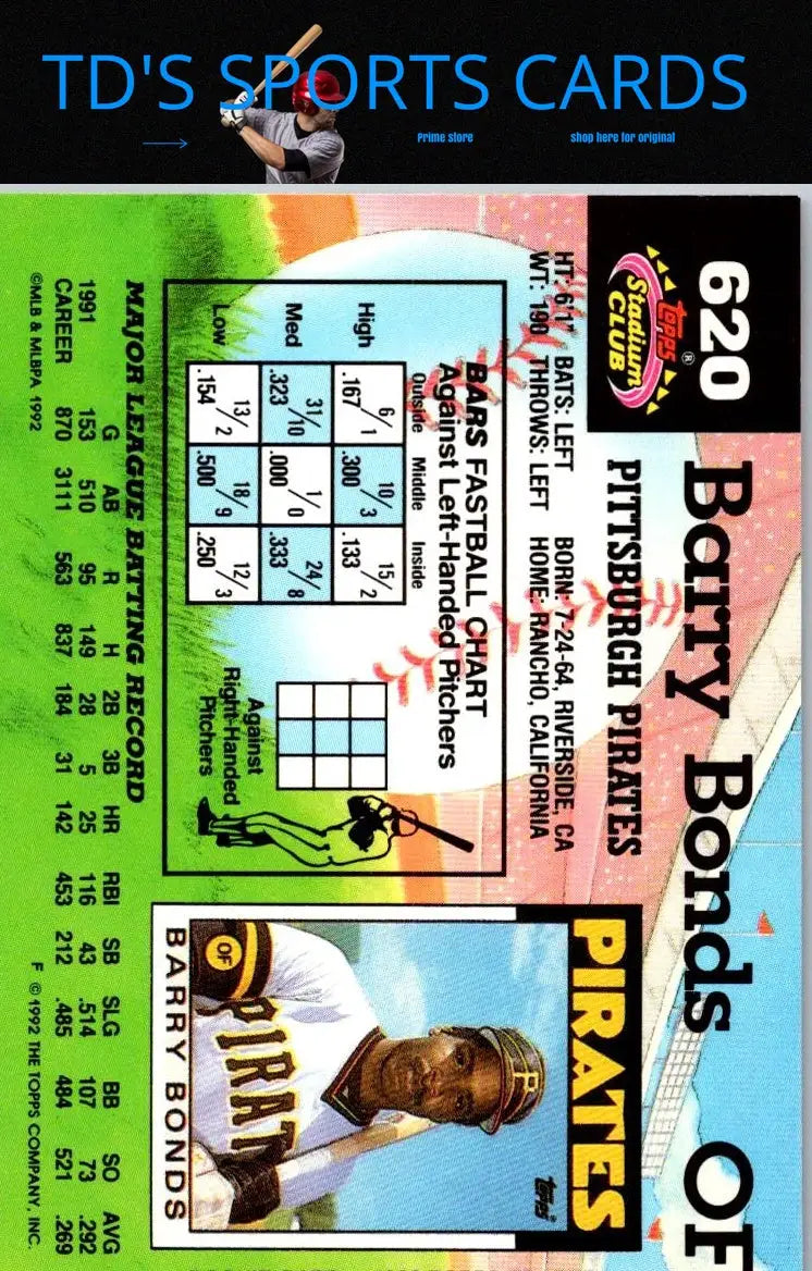 Barry Bonds 1992 Stadium Club #620 baseball card in mint condition for trading cards collectors