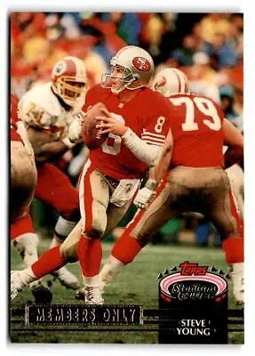 Football trading card of Steve Young in red 49ers uniform from Stadium Club Members