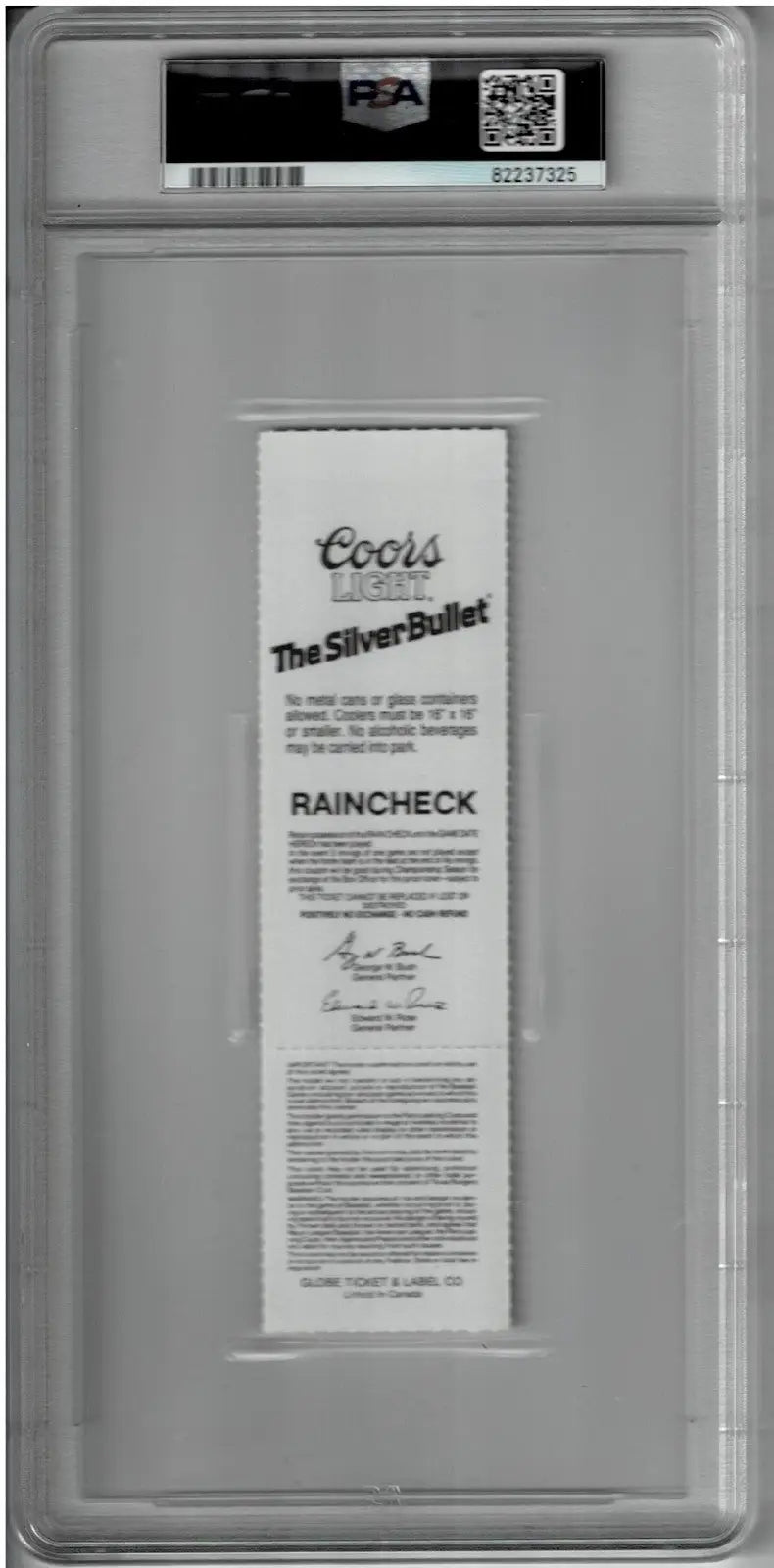 Encased Coors Light raincheck shown with 1992 Texas Rangers Jose Canseco home debut PSA 8 Nolan Ryan ticket