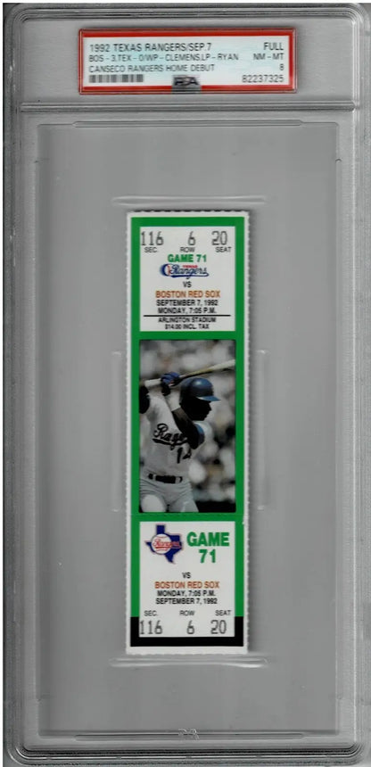 Graded 1992 Texas Rangers home debut ticket featuring Jose Canseco PSA 8