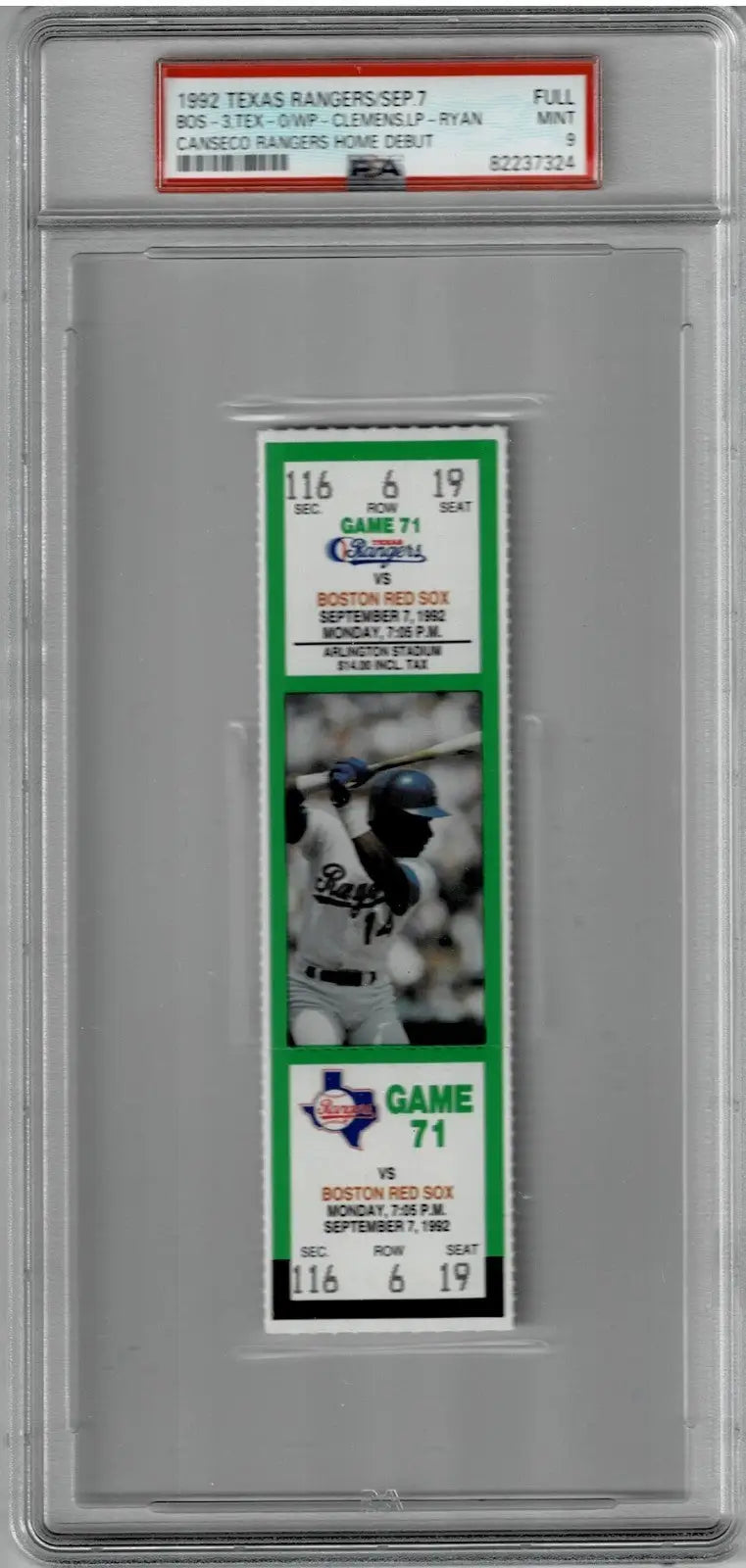 1992 Texas Rangers home debut ticket featuring Jose Canseco against Boston Red Sox