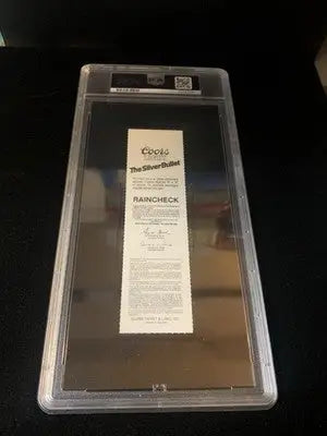 A graded Coors The Silver Bullet Raincheck ticket for Texas Rangers home debut featuring Nolan Ryan