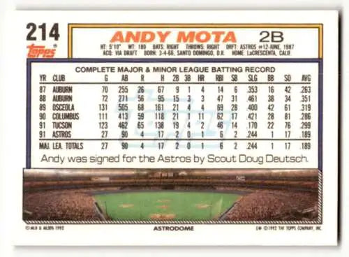 Original gloss Andy Mota Houston Astros baseball card from 1992 Topps #214