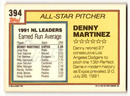 Denny Martinez Montreal Expos baseball card with original gloss from 1992 Topps #394