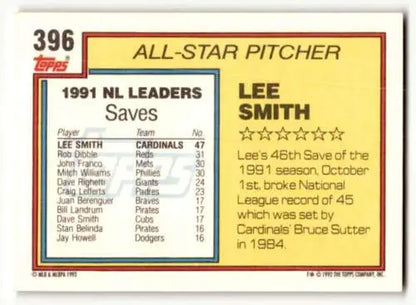 Back of 1992 Topps #396 Lee Smith Cardinals Baseball Card with original gloss details