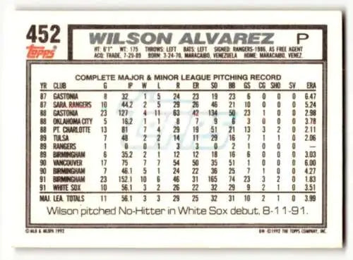 Baseball card back of 1992 Topps Wilson Alvarez Chicago White Sox with original gloss