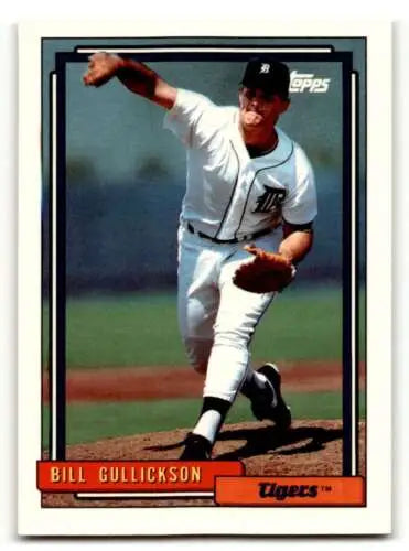 Baseball card of Bill Gullickson mid-throw, featuring original gloss, Detroit Tigers baseball