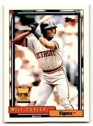 Baseball card of Milt Cuyler Detroit Tigers in original gloss white uniform at bat