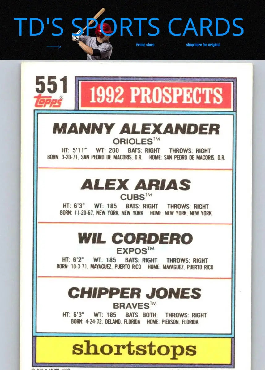 1992 Topps #551 baseball card featuring Chipper Jones as a top prospects shortstop