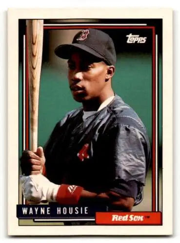 Baseball card featuring Wayne Housie Boston in original gloss, holding bat for Red Sox