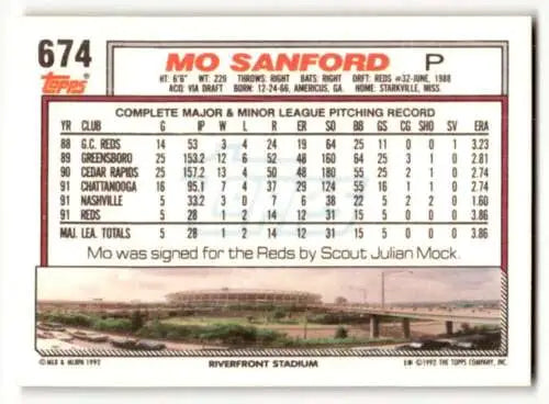 Mo Sanford Cincinnati Reds baseball card 1992 Topps #674 with original gloss condition