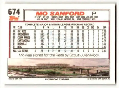 Mo Sanford Cincinnati Reds baseball card 1992 Topps #674 with original gloss condition