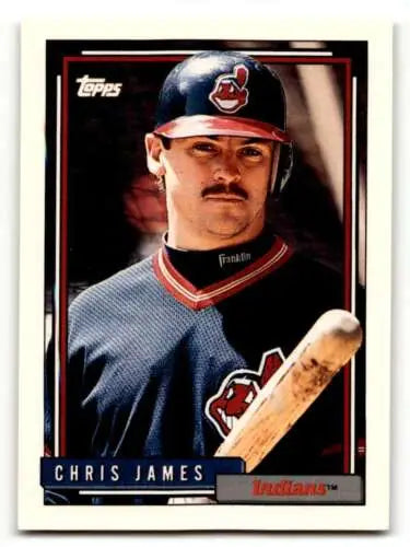 1992 Topps #709 Chris James Cleveland Indians card with original gloss, navy uniform, bat