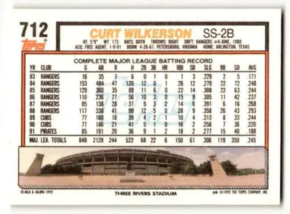 Baseball card featuring Curt Wilkerson Pittsburgh stats and Three Rivers Stadium original gloss