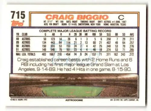1992 Topps #715 Craig Biggio Houston Astros card featuring original gloss and stats