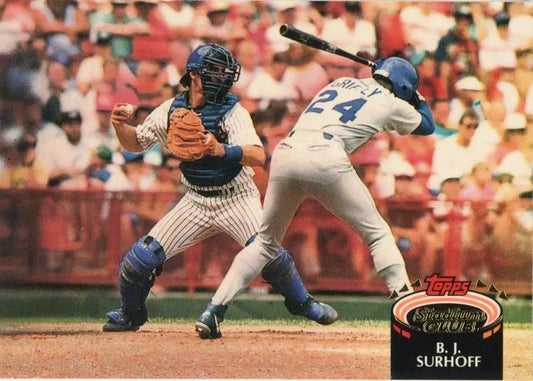 Baseball action photo of Milwaukee Brewers catcher and batter on a Topps Stadium Club card