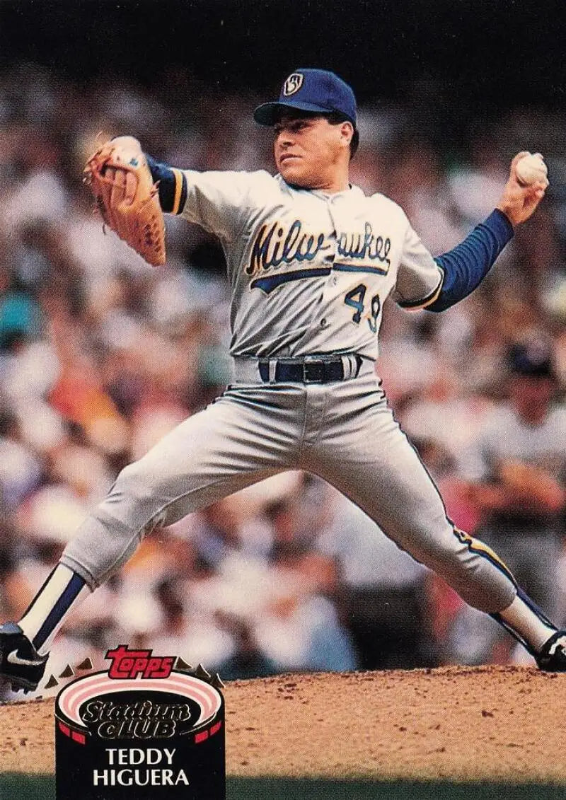 Milwaukee Brewers pitcher Teddy Higuera in mid-delivery on 1992 Stadium Club card