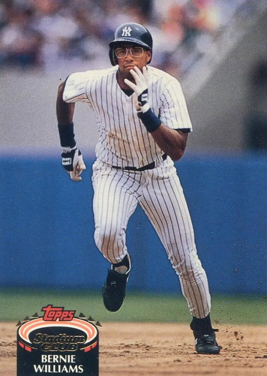Bernie Williams in New York Yankees pinstripes running bases on a Topps Stadium Club card