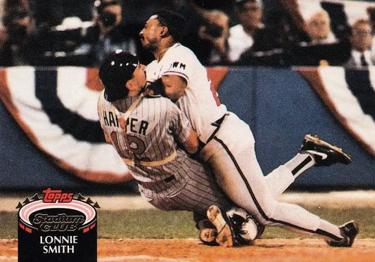 Lonnie Smith 1992 Topps Stadium Club Atlanta Braves card depicting home plate collision