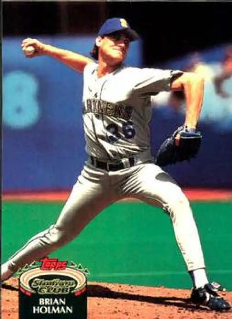 Baseball pitcher Brian Holman in gray uniform on 1992 Topps Stadium Club baseball card