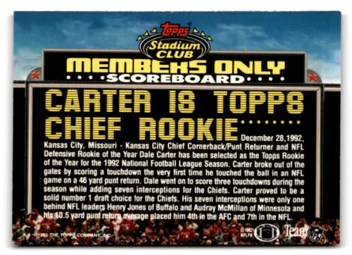 Football card back of 1992 Topps Stadium Club Members Only Dale Carter with original gloss