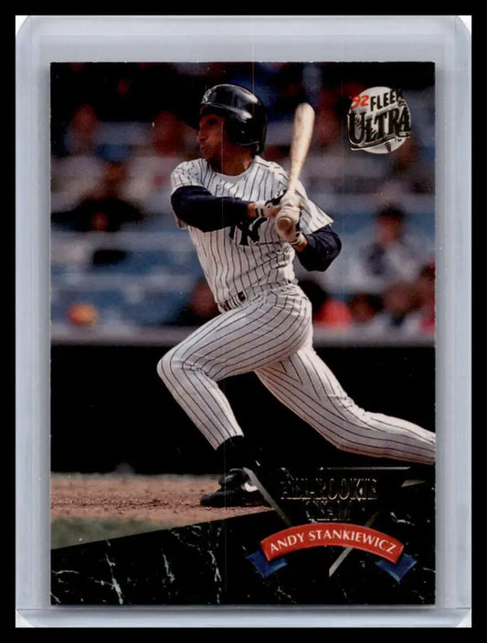 Andy Stankiewicz batting in New York Yankees pinstripe uniform on baseball card