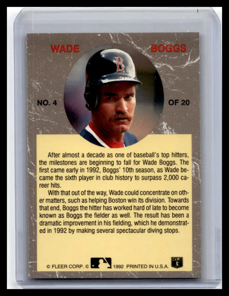1992 Ultra Wade Boggs Baseball Card featuring Boston Red Sox player in navy cap