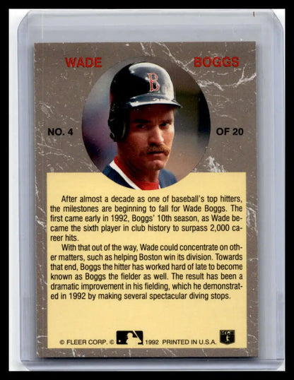1992 Ultra Wade Boggs Baseball Card featuring Boston Red Sox player in navy cap