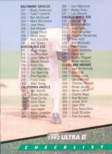 Baseball card checklist featuring 1992 Ultra #598 Scott Sanderson Yankees original gloss