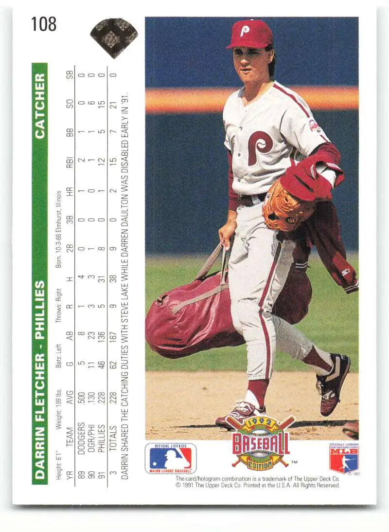 Baseball card of Darrin Fletcher, Phillies pitcher mid-delivery in red cap and white uniform