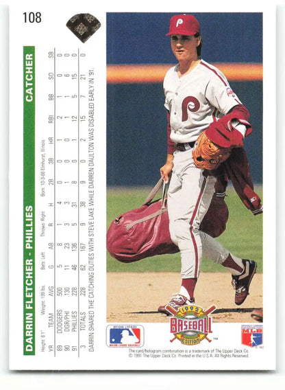Baseball card of Darrin Fletcher, Phillies pitcher mid-delivery in red cap and white uniform