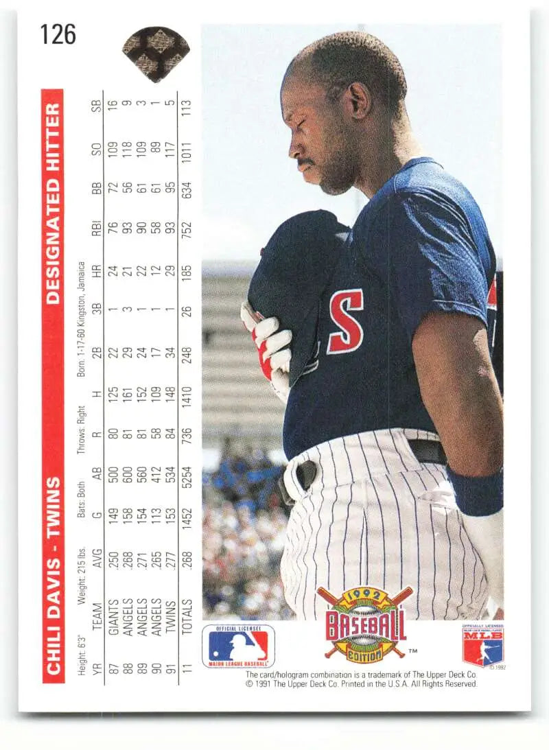 Chili Davis in pinstriped uniform on 1992 Upper Deck Minnesota Twins Baseball Card